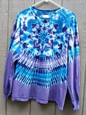 Vtg 90s Tie Dye Mandala Long Sleeve Tee Blue Purple Hanes Beefy M/L Deadhead Jam